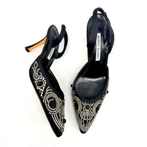 Manolo Blahnik Vintage Black Satin Jeweled Crystal Carolyne Slingback pumps EU38
